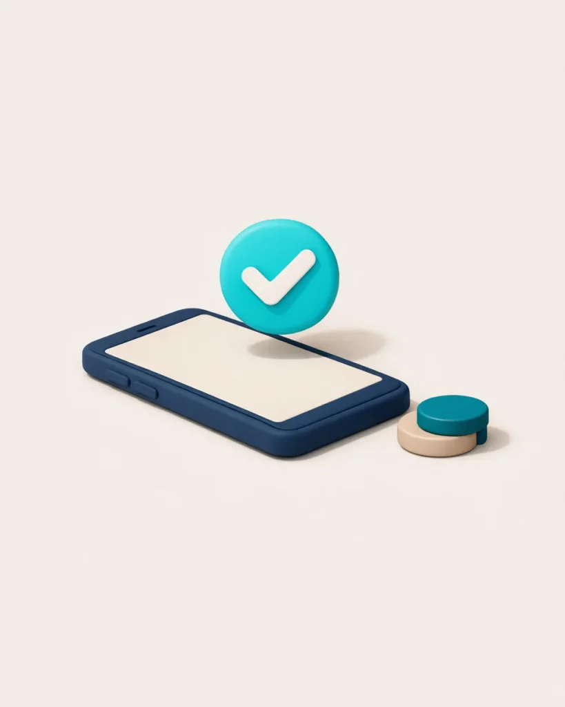 Matte 3D smartphone with a payment confirmation checkmark hovering above and coins beside, illustrating how PayID works at Australian online pokies