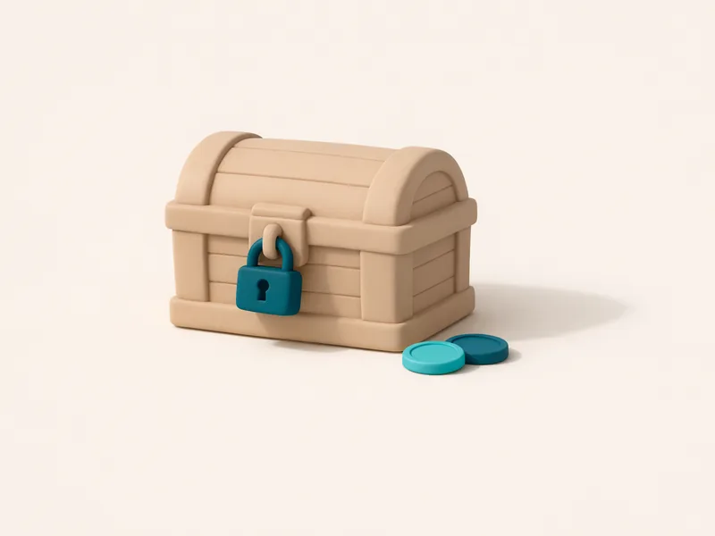 Matte 3D treasure chest closed with a padlock and two loose coins beside it, illustrating maximum cashout caps on no deposit PayID winnings