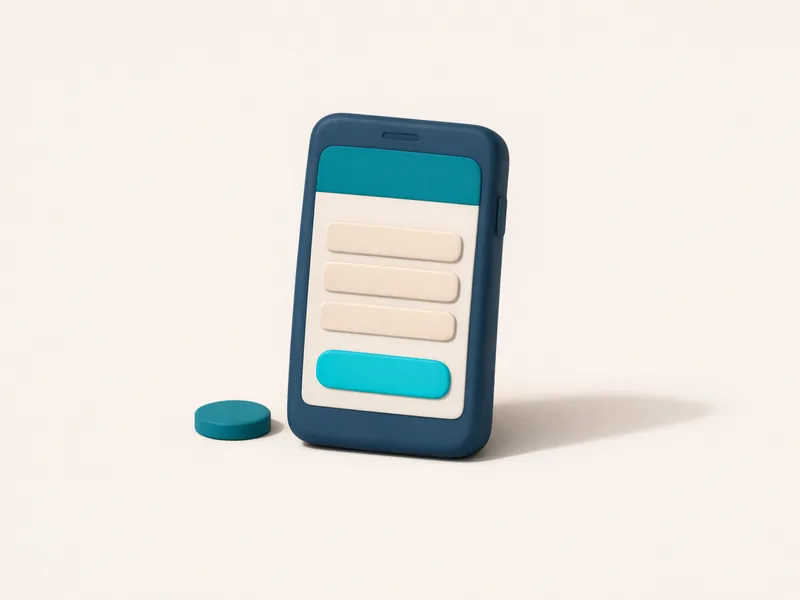 Matte 3D smartphone with an abstract signup form panel on screen and a coin resting beside it, illustrating the PayID no deposit bonus claim flow